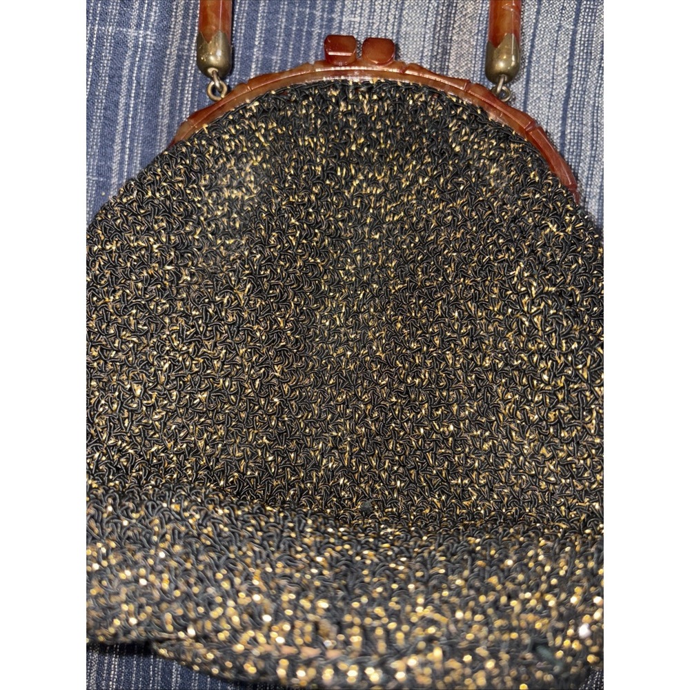 Vintage Bakelite Black Gold Purse‎ Handbag Bakelite Handle Mcm - Picture 2 of 4
